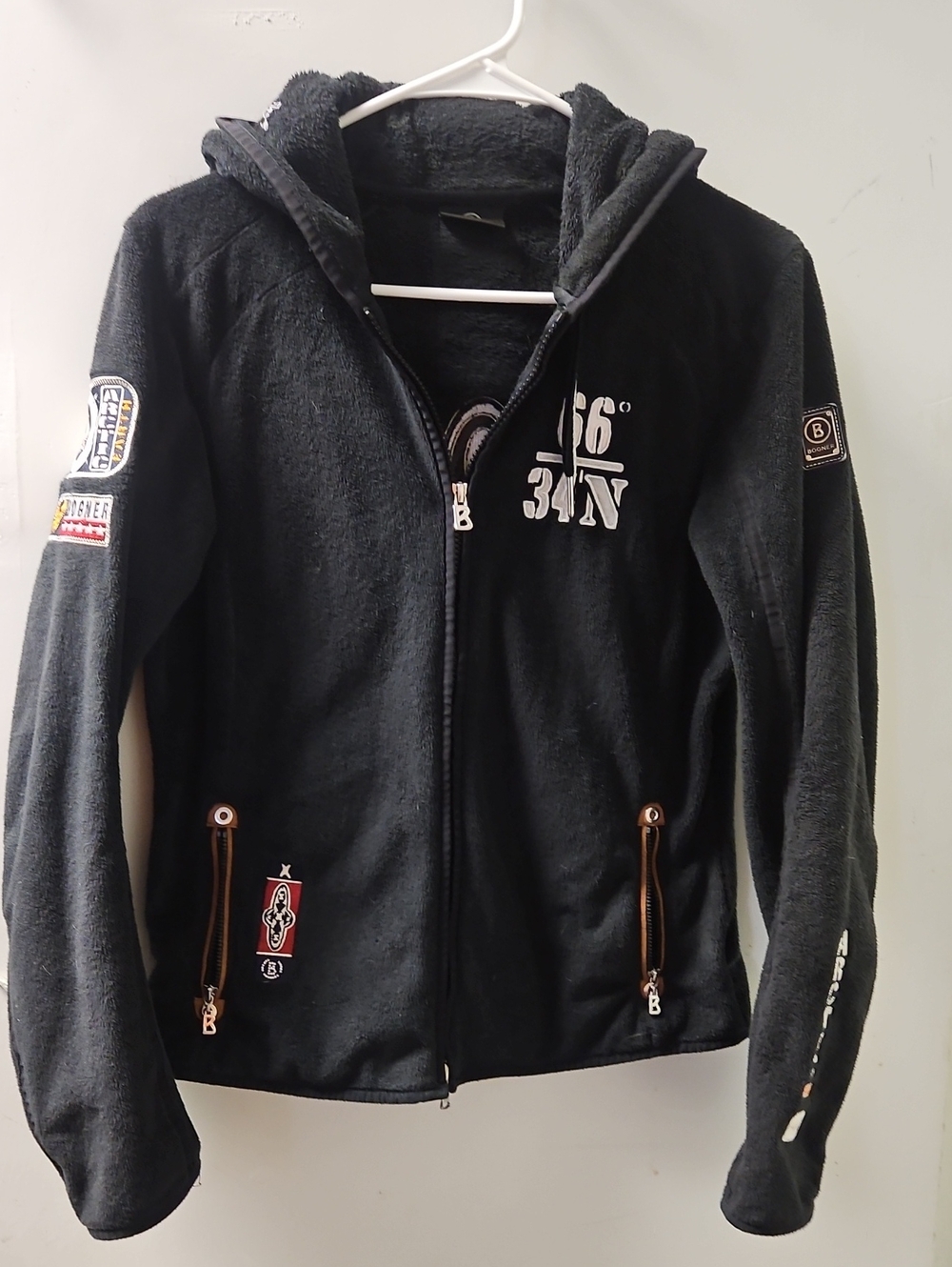 Bogner Black Hooded Fleece Ski Jacket with Patch Details